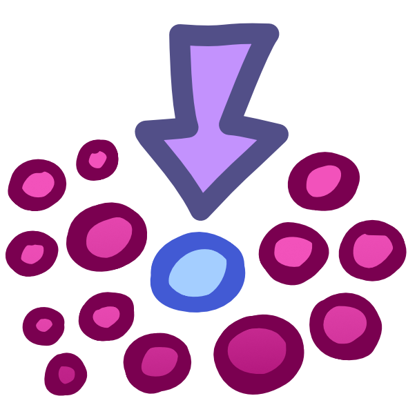  a blue circle sits in the center of a collection of pink circles. A purple arrow points down at the blue circle.